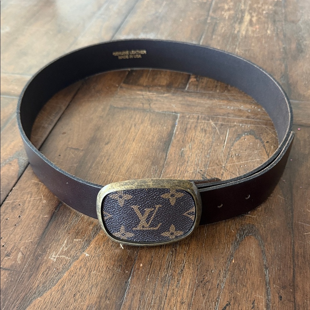 Up cycled Louis Vuitton canvas Brown Leather Belt with Monogram Buckle